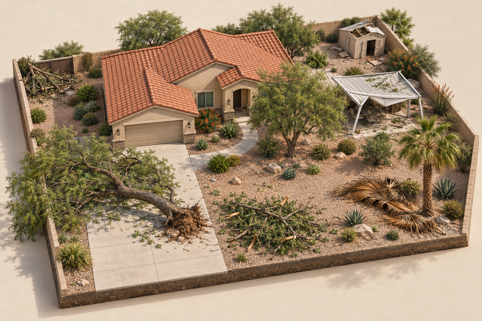 An illustrated Arizona home after a storm, with a fallen tree, scattered debris, a damaged shed and patio cover, palm fronds, and a blocked gate.